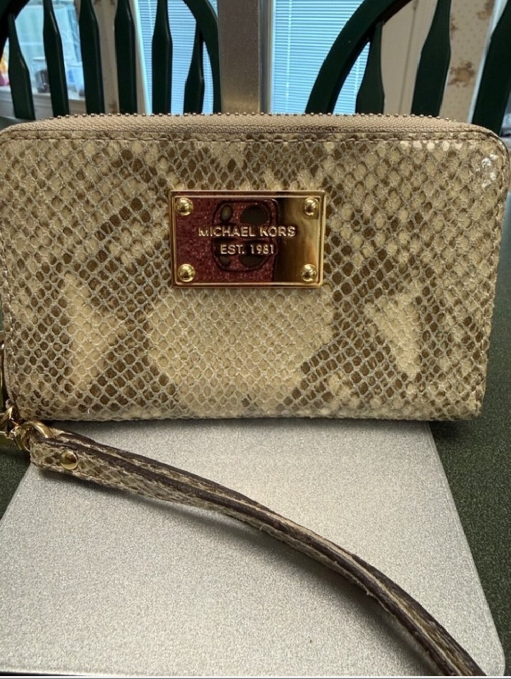 Michael Kors Metallic Gold Snake-Print Wristlet, EC